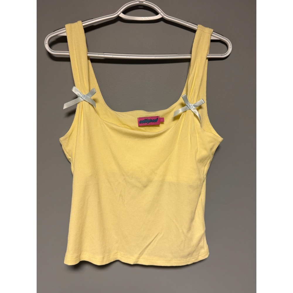 Edikted Yellow Ribbed Bow Tank Top Sleeveless Scoop Neck Coquette Pastel Large